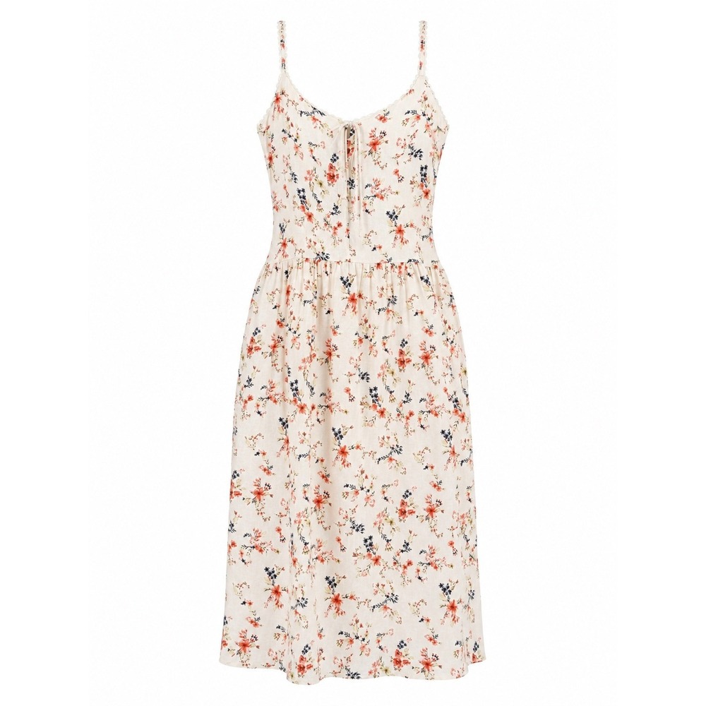 NWT Caroline Constas Midi Dress Cream Orange Floral Linen Blend Lace Trim S